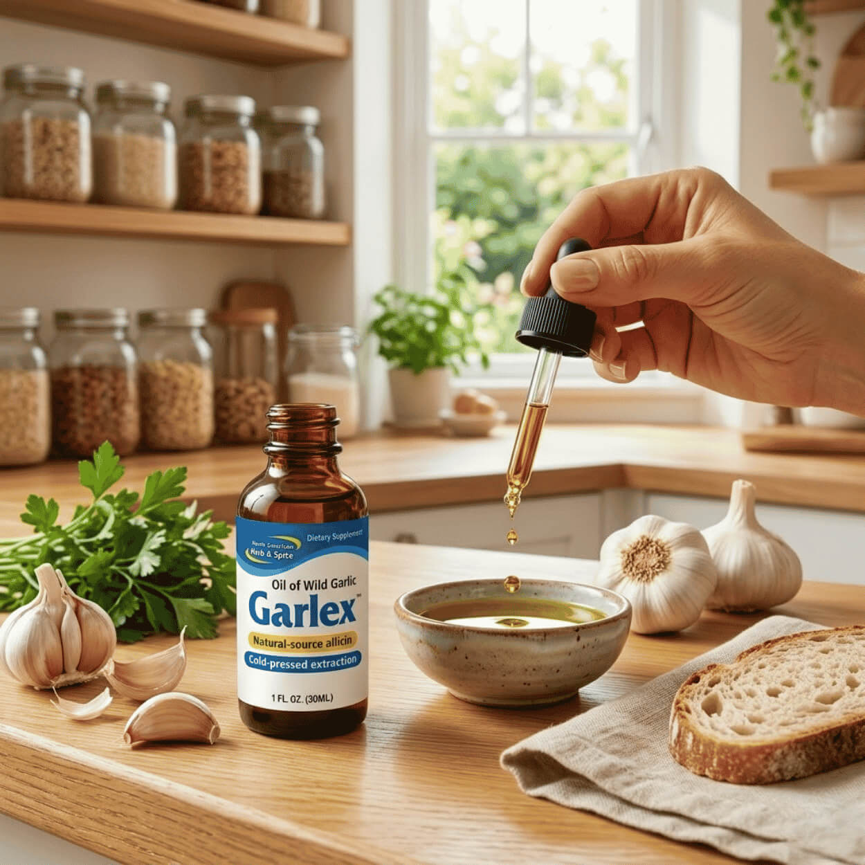 The image shows Garlic Extract - Garlex drops dripping from the dropper of a Garlex bottle as golden drops into a bowl of olive oil on a light wooden kitchen counter, with fresh garlic, parsley, and a slice of bread also lying nearby.
